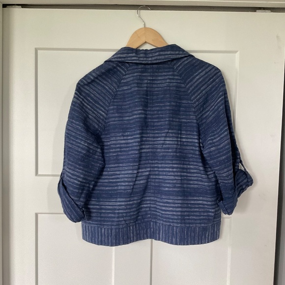 NWT Ann Taylor LOFT Denim Moto Jacket Blue Stripe Turn-up Sleeves Pockets Snaps - Picture 2 of 8